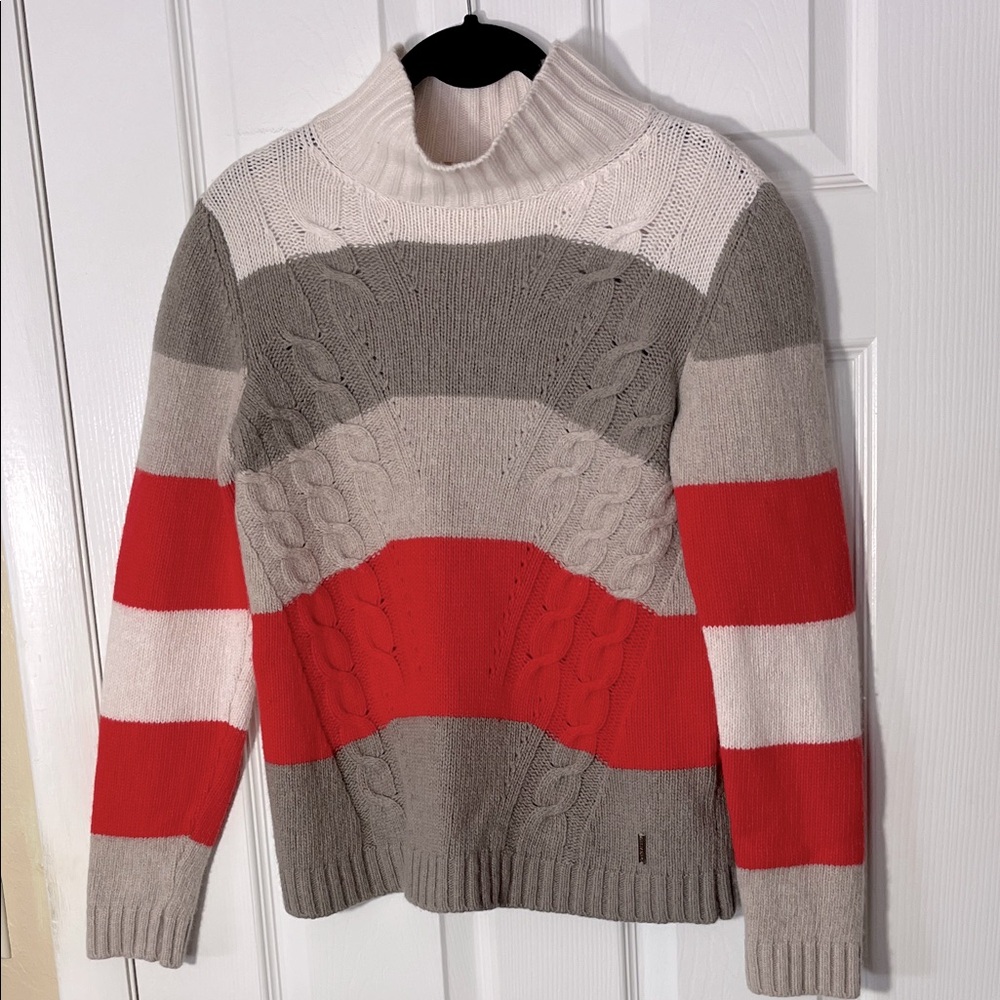 Dismero Italy cashmere merino turtleneck sweater cableknit beige orange stripe S